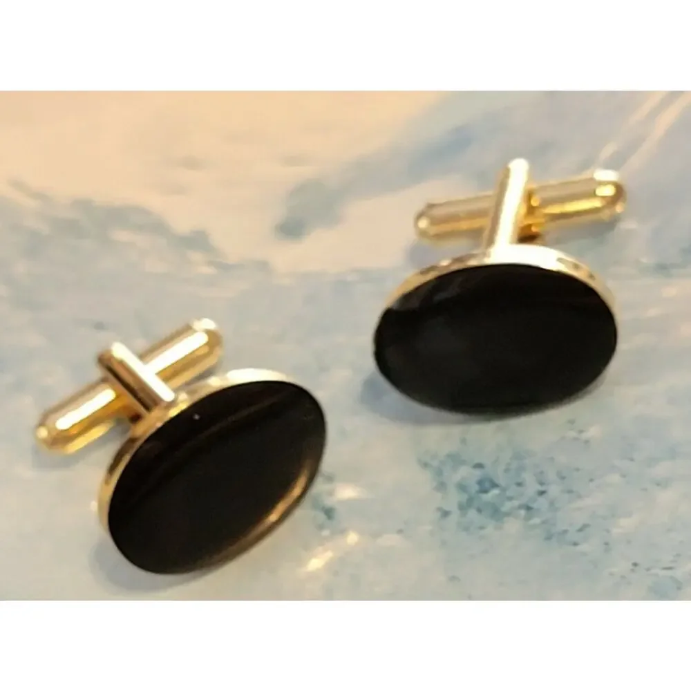 Vintage Black Lucite & Gold-tone Cufflinks Cuff Links Oval Man's cl-